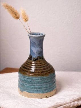 Signed Studio Pottery, Ceramic Bud Vase in Blue and Brown